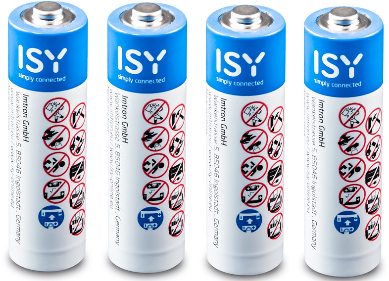 Four blue and white AA batteries with warning symbols.