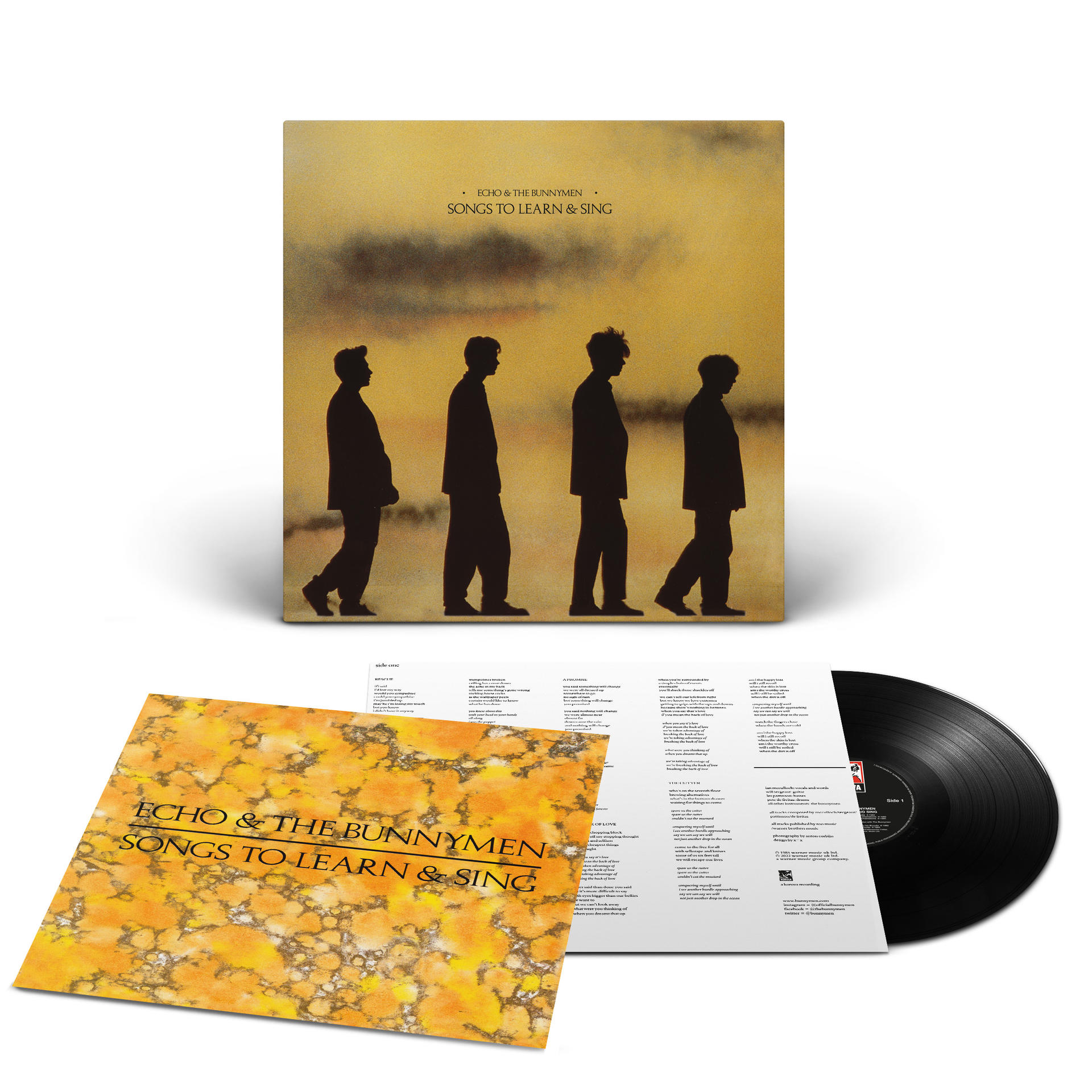 Pochette d'album et vinyle de 'Songs To Learn & Sing' d'Echo & The Bunnymen. La pochette présente des silhouettes.