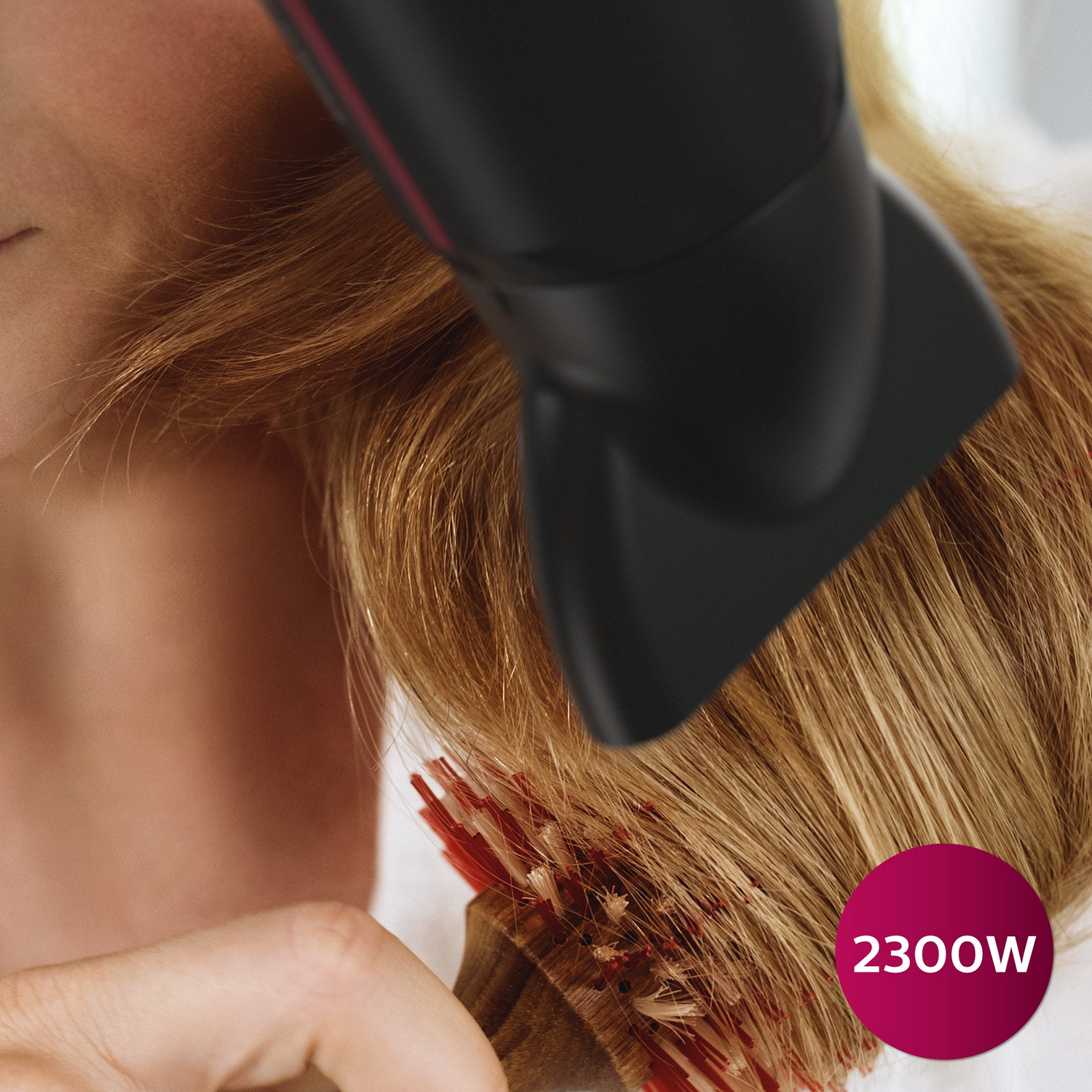 El cabello de una mujer se peina con un cepillo y un secador. El cabello es rubio, la escena es un primer plano.