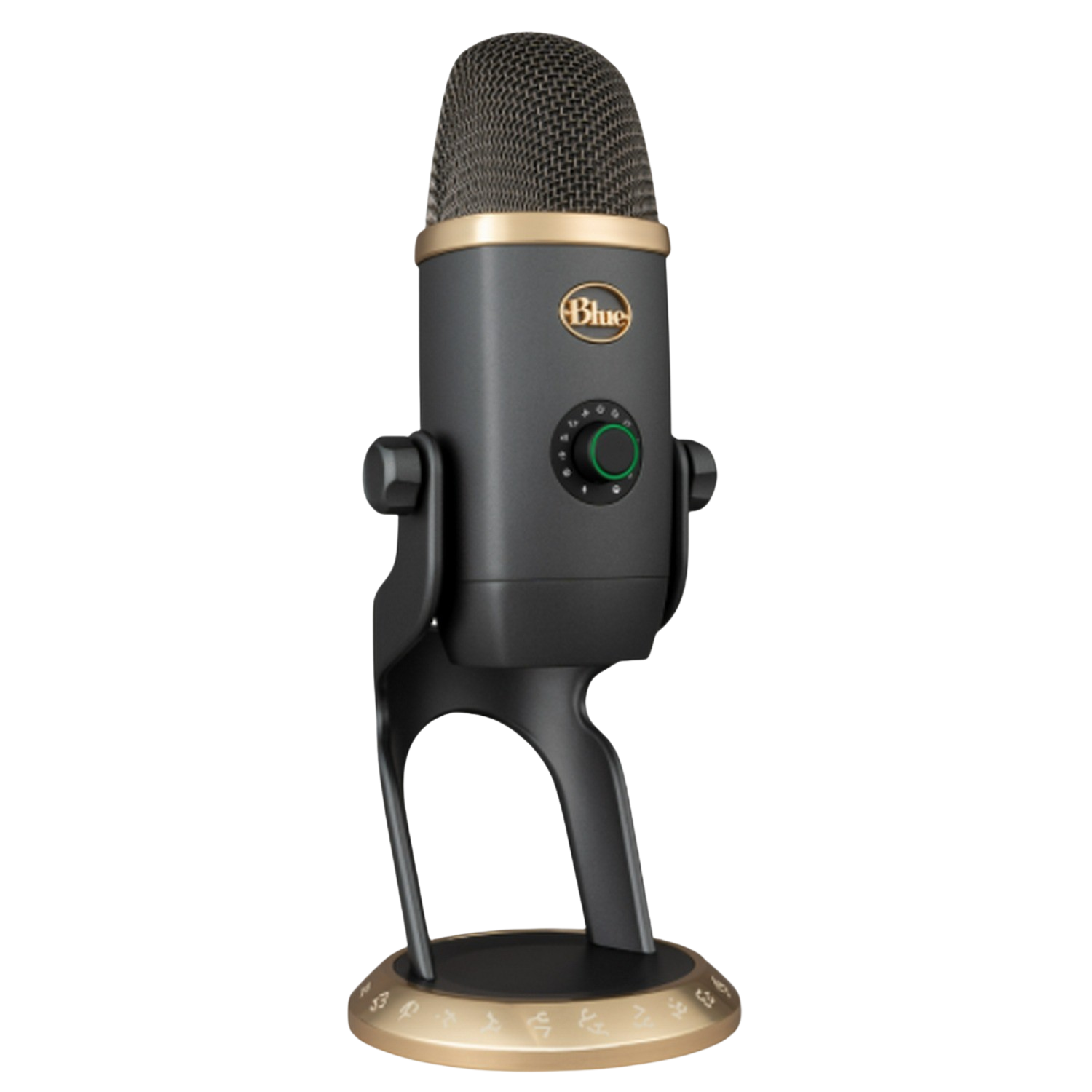 Micrófono USB Blue Yeti, cuerpo negro, detalles dorados, en un soporte, fondo negro, dispositivo de audio.