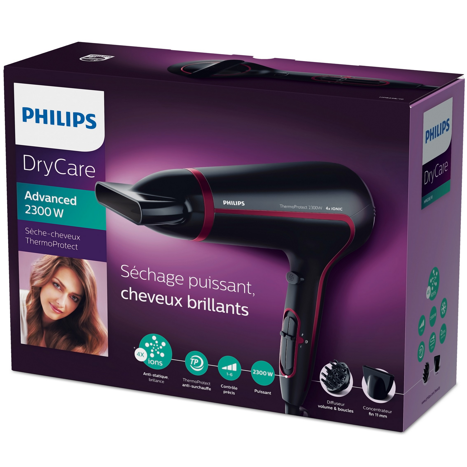 Secador de pelo Philips DryCare Advanced. Un secador negro y rojo con una mujer en la caja.