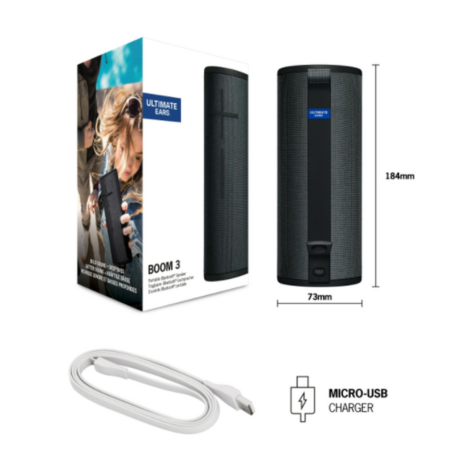 Altavoz portátil negro en una caja y un altavoz separado con un cable de carga.