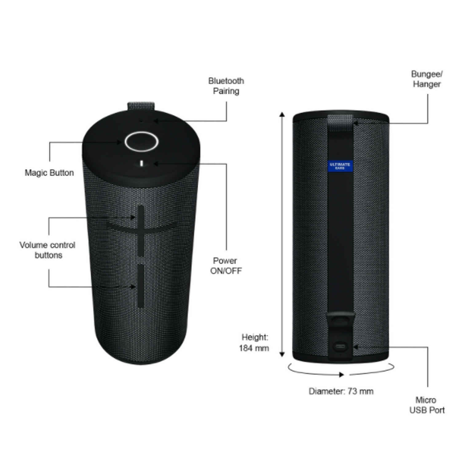 Un altavoz cilíndrico negro con etiquetas. Las características incluyen el botón de encendido y los controles de volumen.