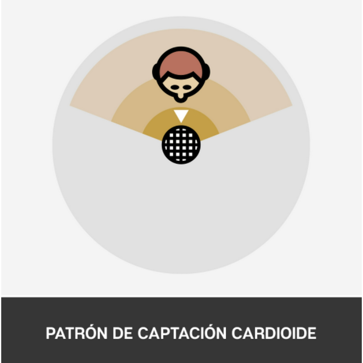 Diagrama del patrón de captación cardioide de un micrófono. Muestra la dirección de la captura de sonido. Fondo blanco.