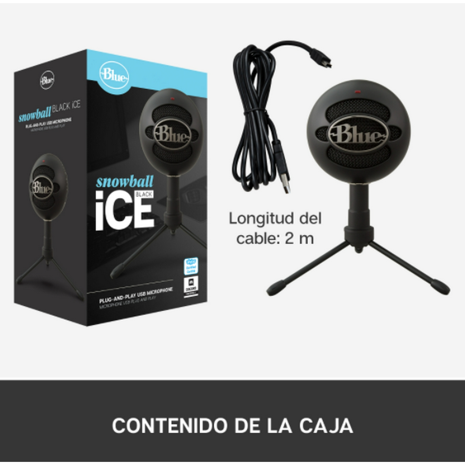 Micrófono negro con soporte y caja. La caja dice 'Snowball ICE'.