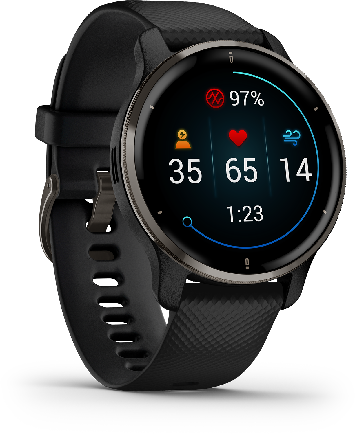 Zwarte Garmin smartwatch met een rond display. Toont hartslag, stappen en tijd. Zwarte band. Zwarte achtergrond.
