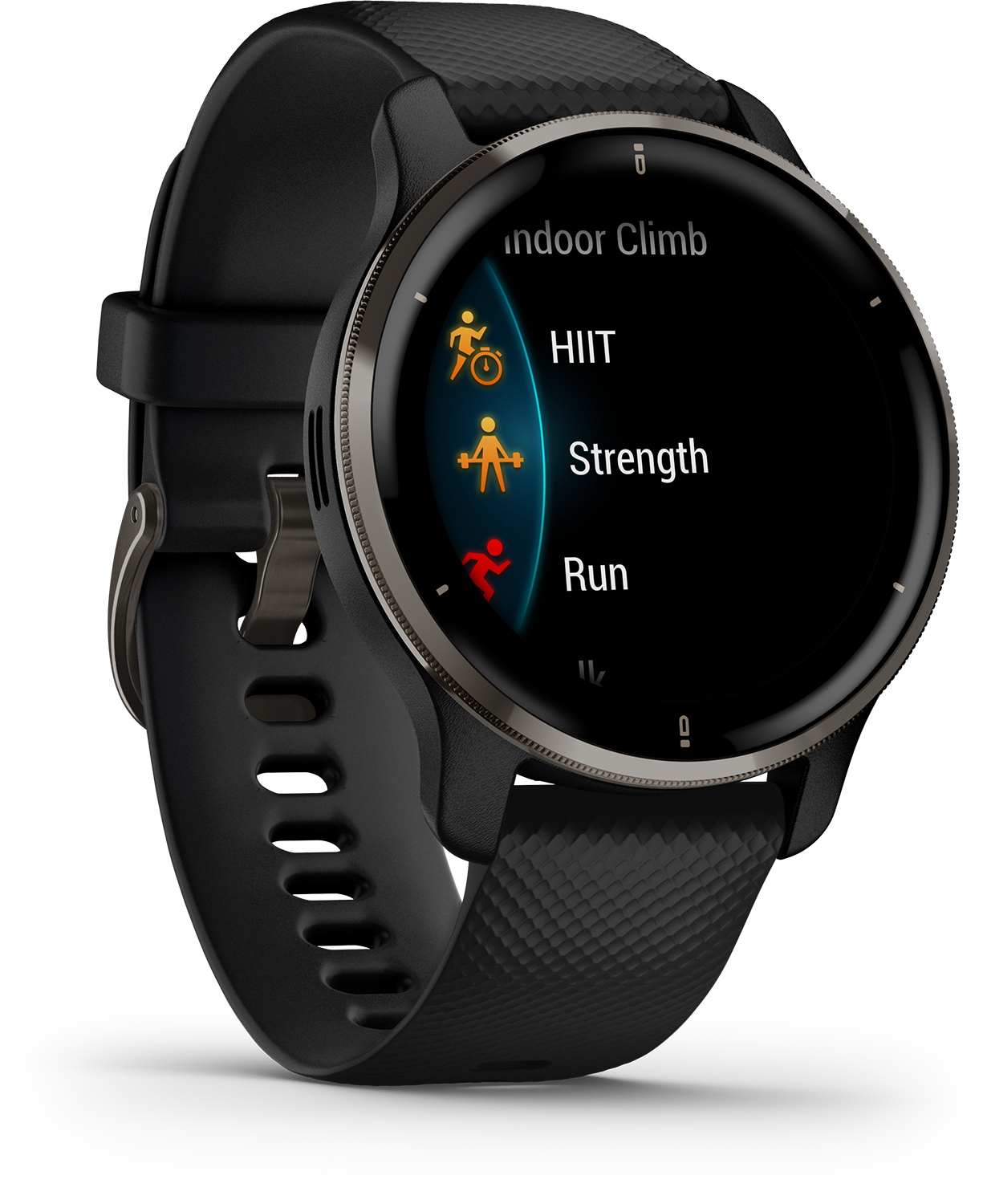 Zwarte smartwatch met een cirkelvormig scherm. Toont trainingsopties: Indoor Climb, HIIT, Strength, Run.