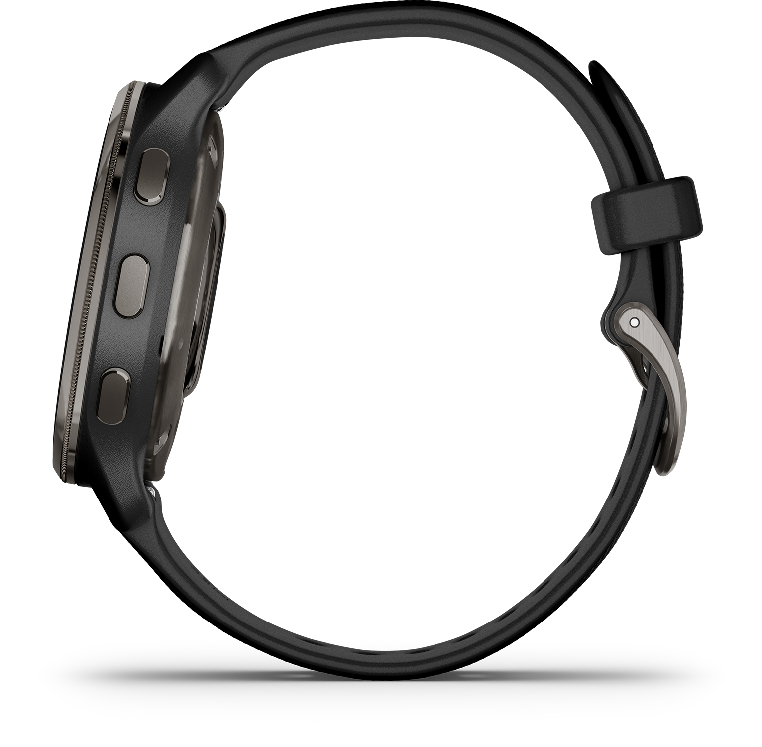 Zwarte Garmin smartwatch, zijaanzicht, met zwarte band, en witte achtergrond.