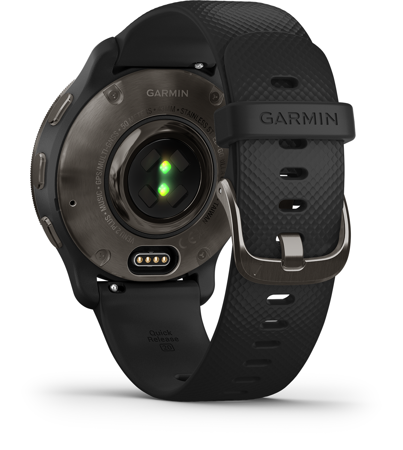 Close-up van een zwart Garmin-horloge, met de achterkant met sensoren en band.
