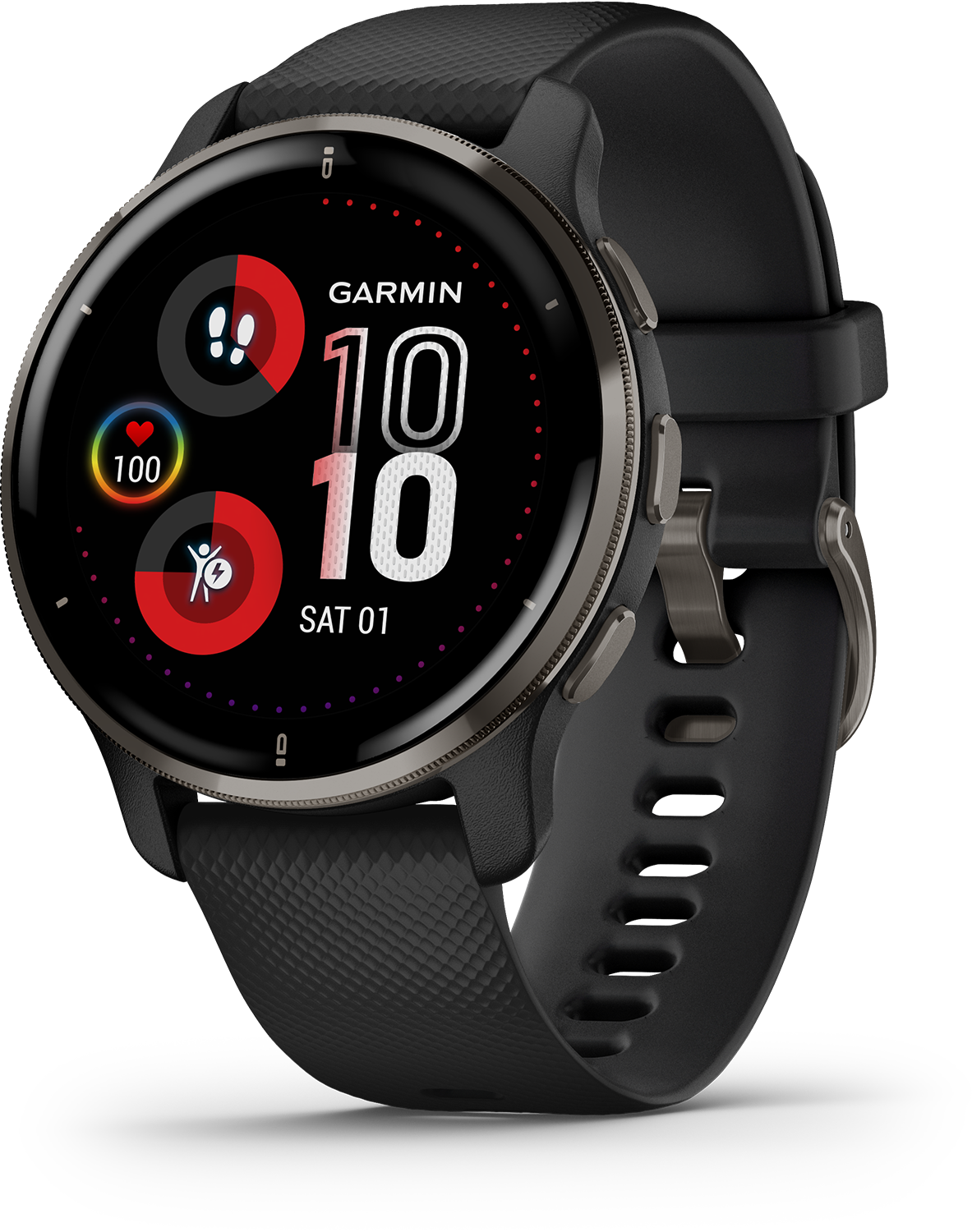 Zwarte Garmin smartwatch. Rond scherm toont tijd en gezondheidsgegevens. Zwarte band.