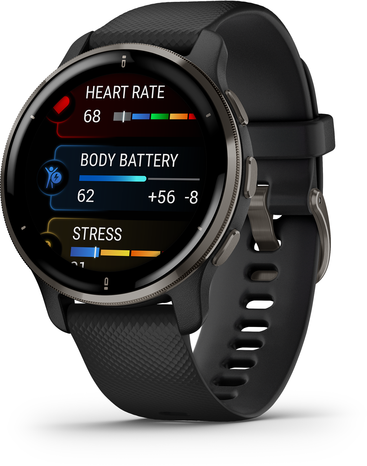 Zwarte smartwatch met rond display met hartslag, batterij en stress. Zwarte band met metalen sluiting.