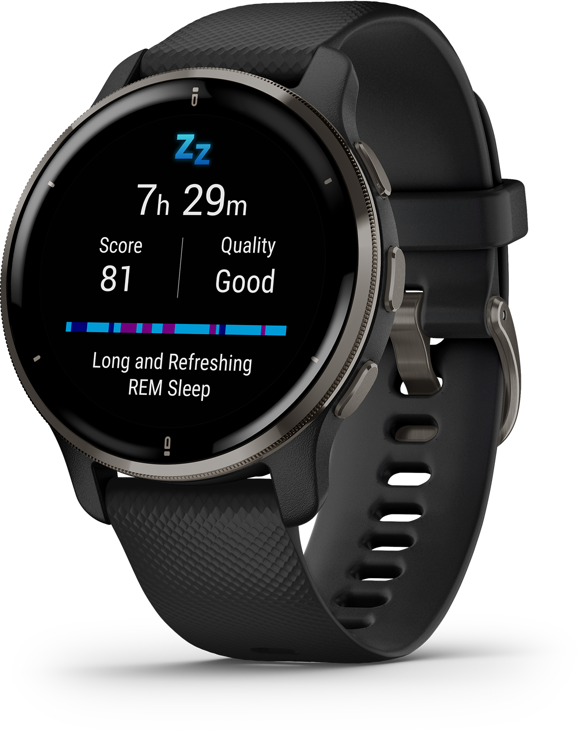 Zwarte Garmin smartwatch. Toont slaapgegevens: 7u 29m, score 81, kwaliteit Goed.