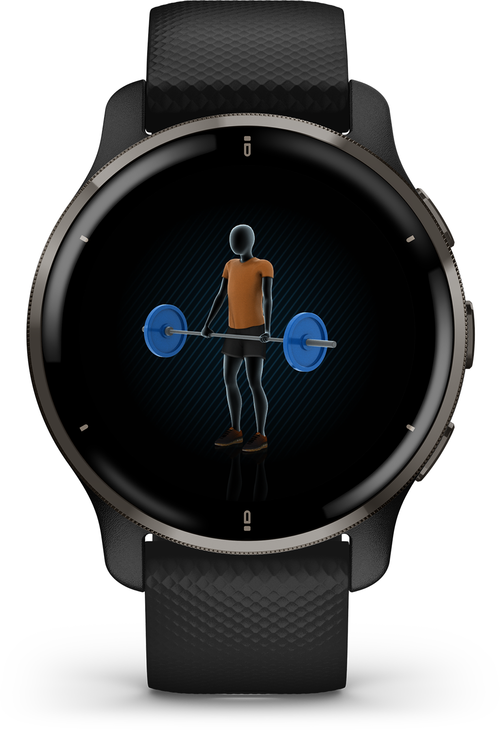 Smartwatch met een animatie van gewichtheffen, zwarte band en scherm.