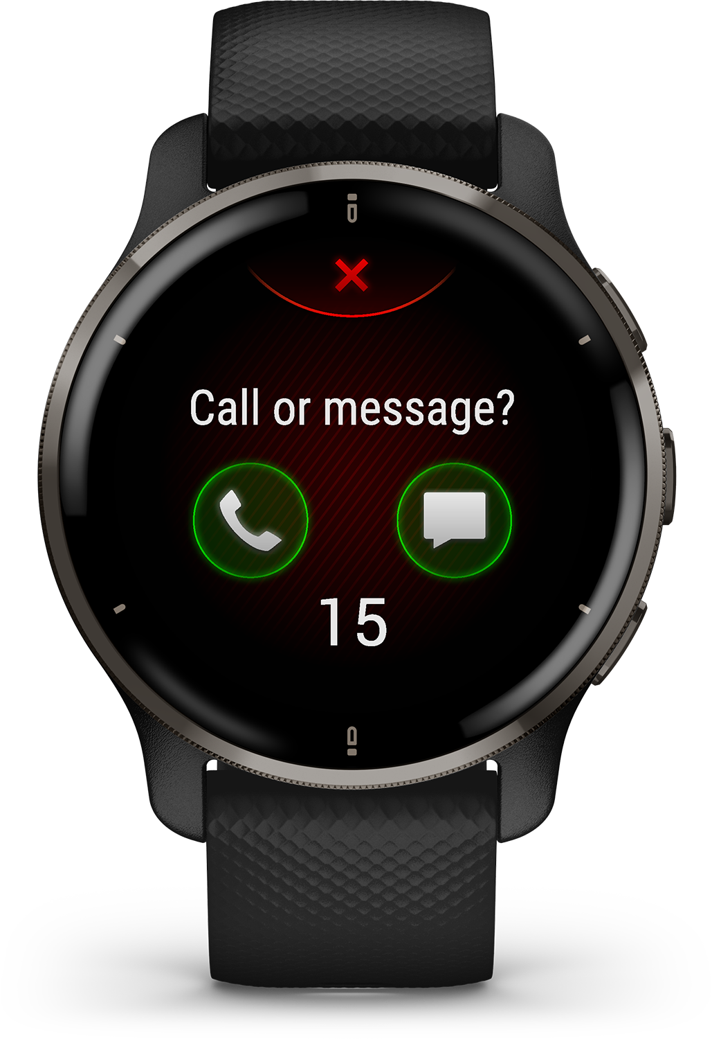 Smartwatch met een zwarte band die een oproep- of berichtmelding toont.