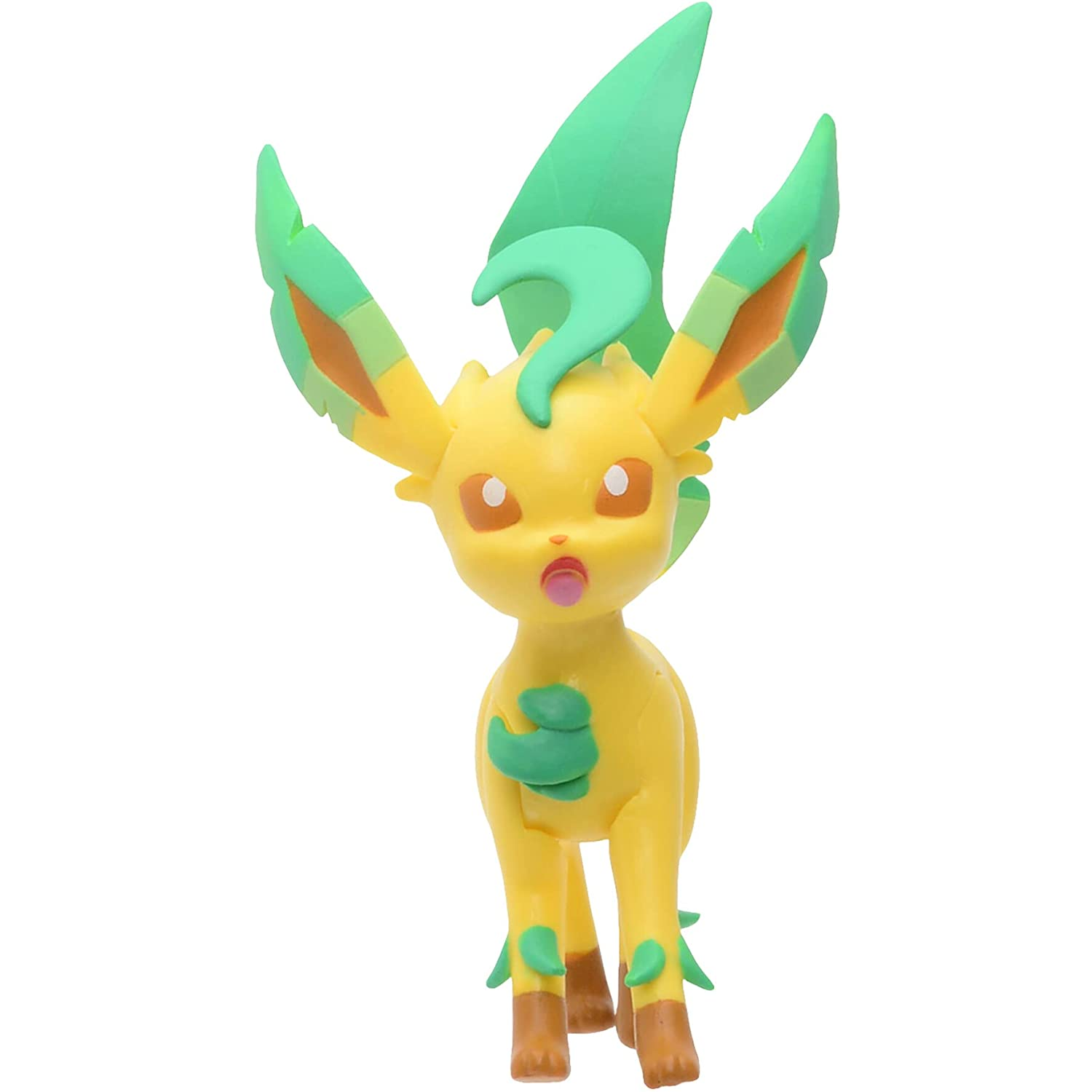 Figura de Leafeon Pokémon amarilla con detalles verdes. Tiene orejas grandes y una melena frondosa. La figura está de pie.