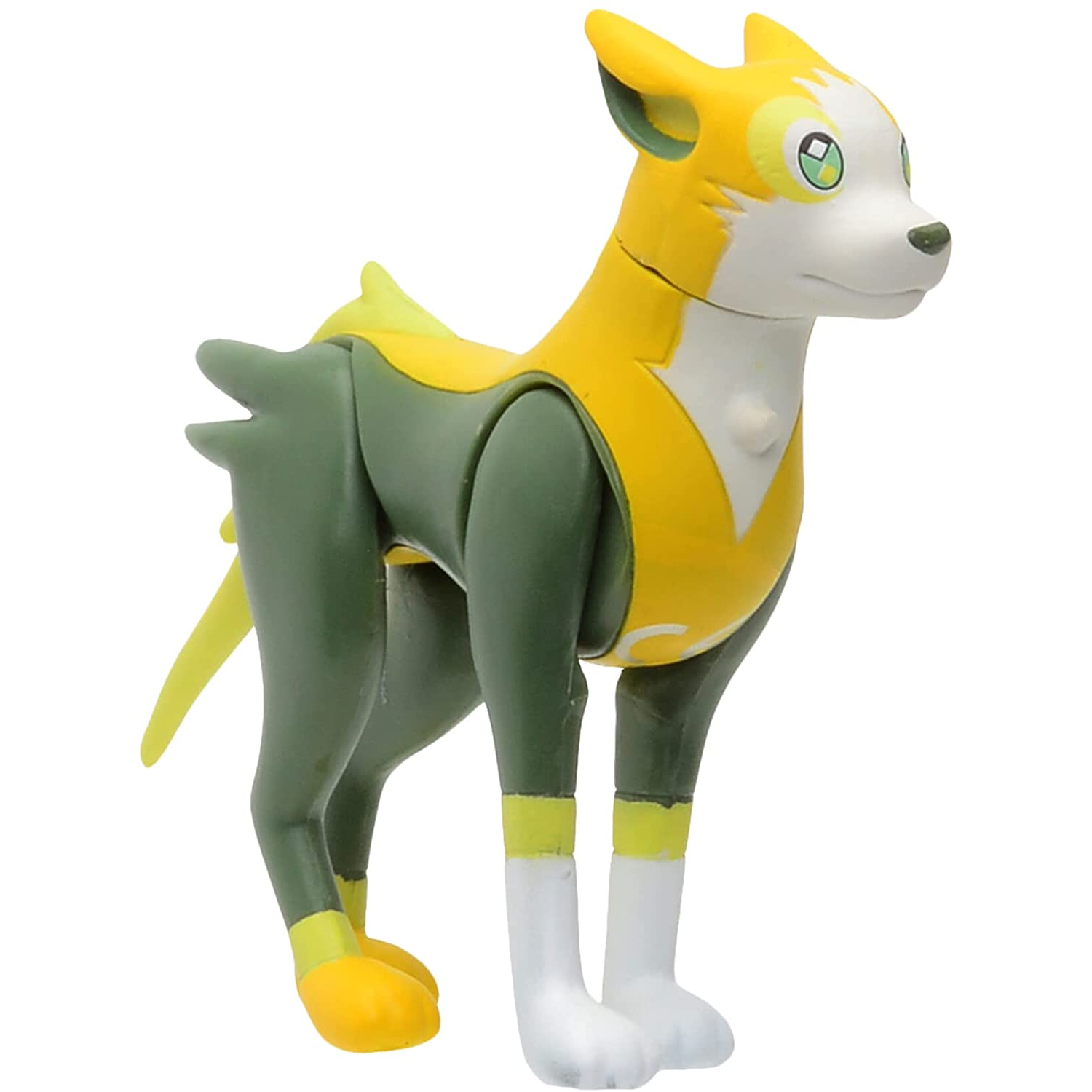 Una figura de juguete de perro amarillo y verde con una cola larga y orejas verdes.