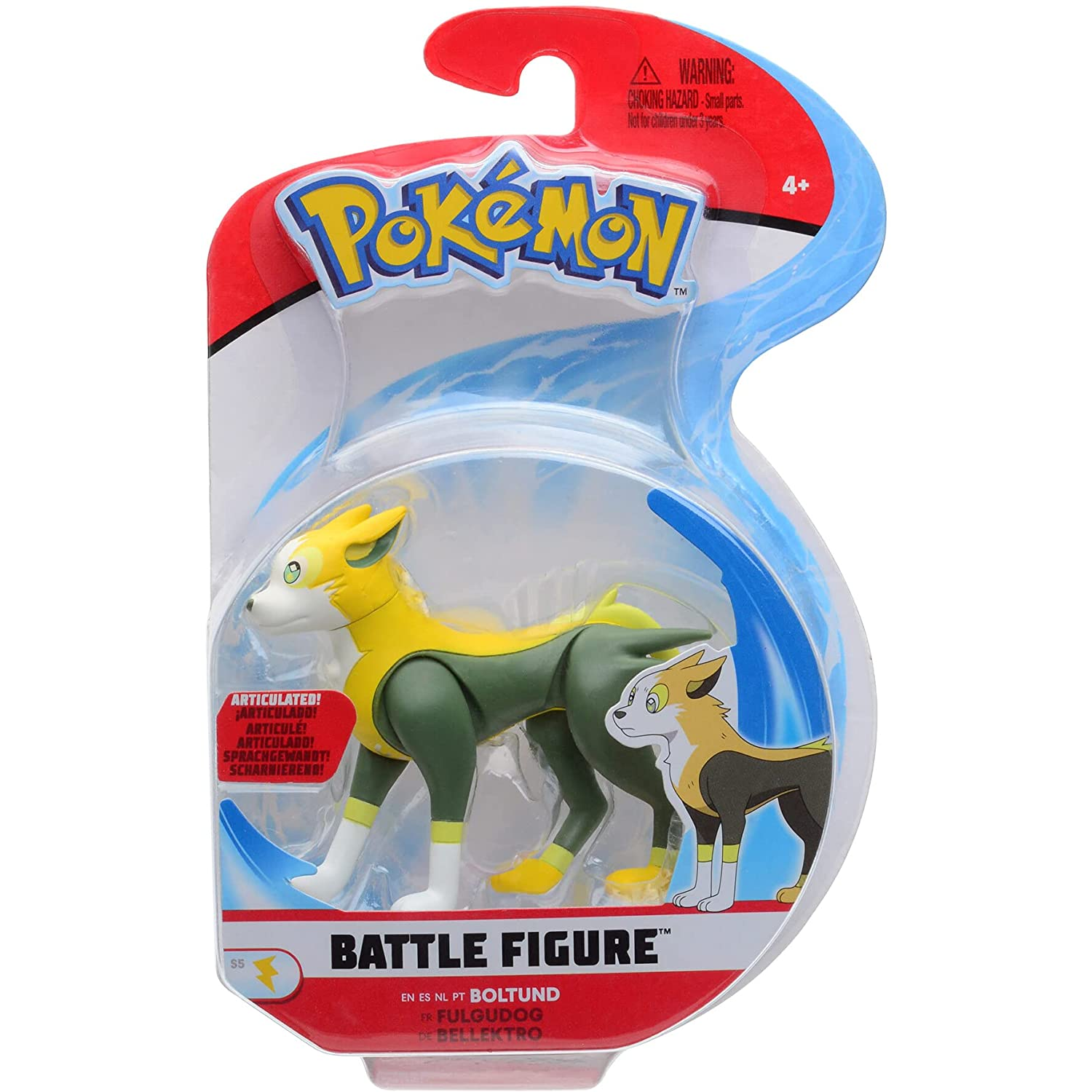 Figura de batalla Pokémon. Una figura de Boltund en su embalaje. La figura es amarilla y verde.