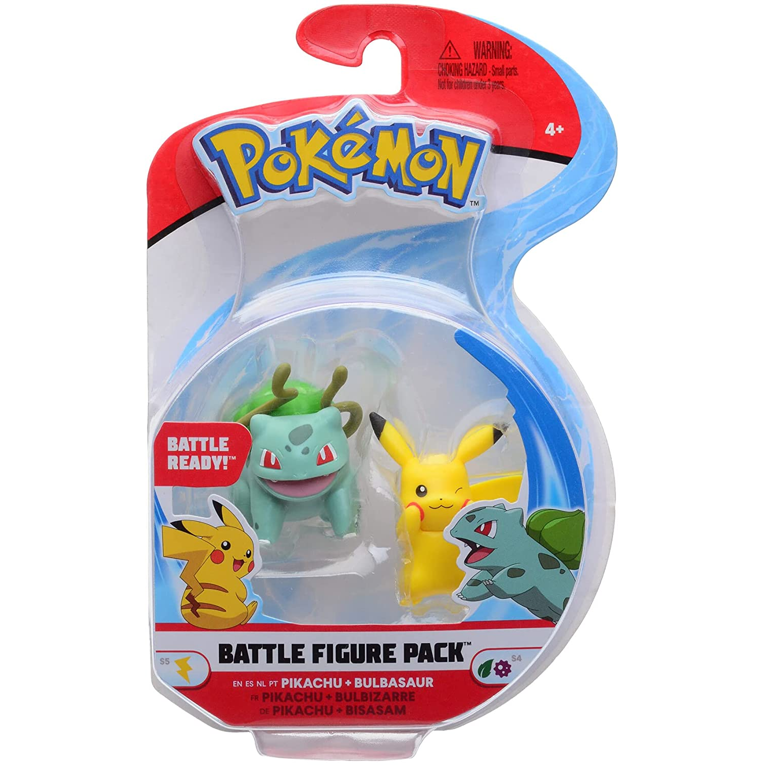 Paquete de juguetes Pokemon Battle Ready! con figuras de Pikachu y Bulbasaur. El paquete tiene un diseño de onda azul.