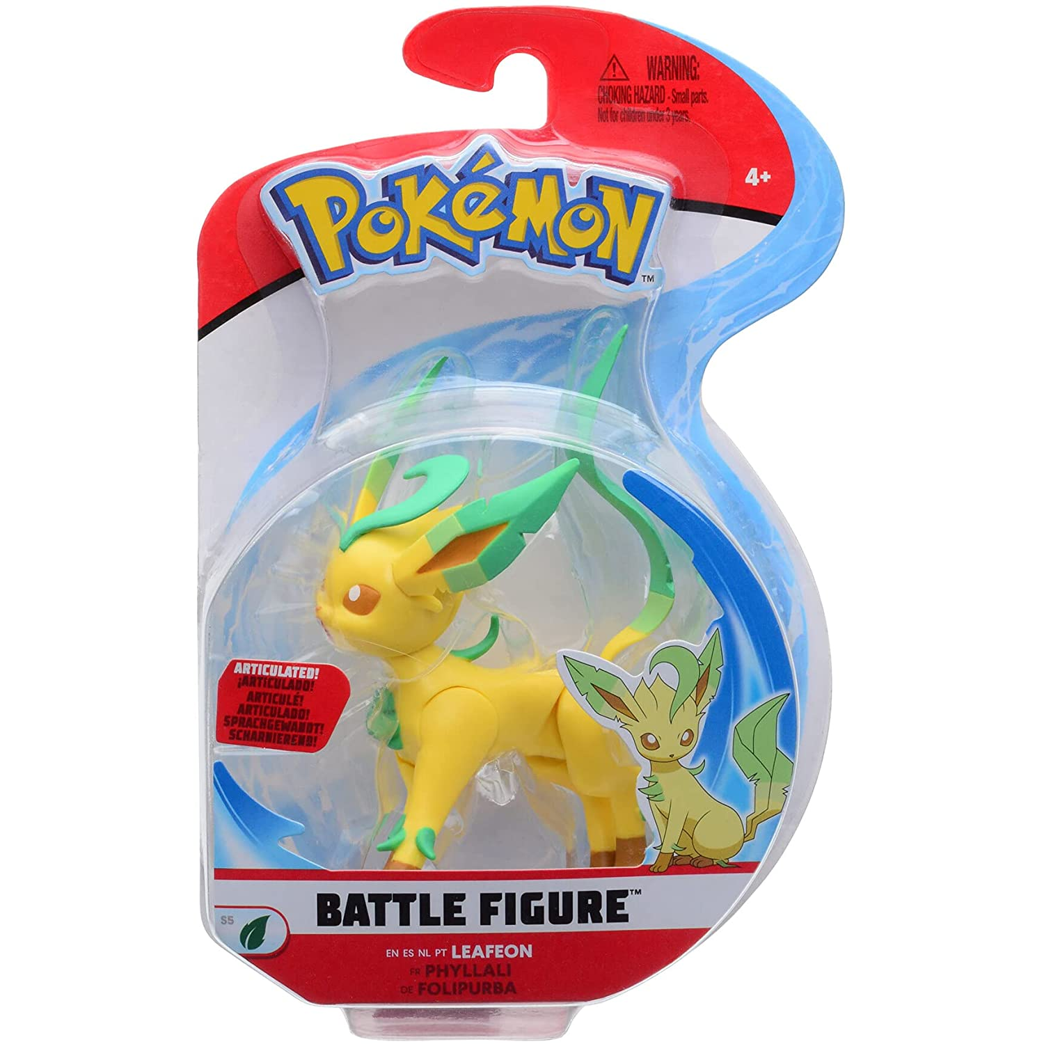 Figura de batalla de Pokemon. Figura Leafeon amarilla en un paquete de plástico. Hojas verdes y logo Pokemon.