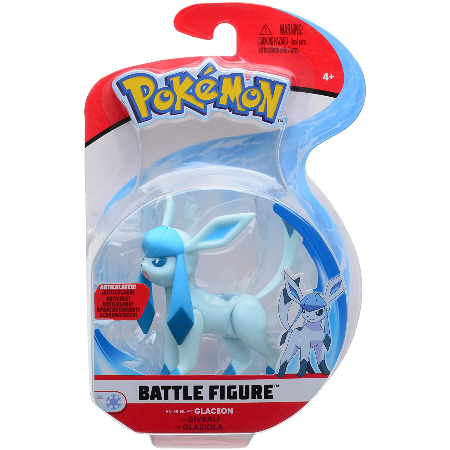 Juguete de Pokémon Glaceon en un paquete de plástico.
