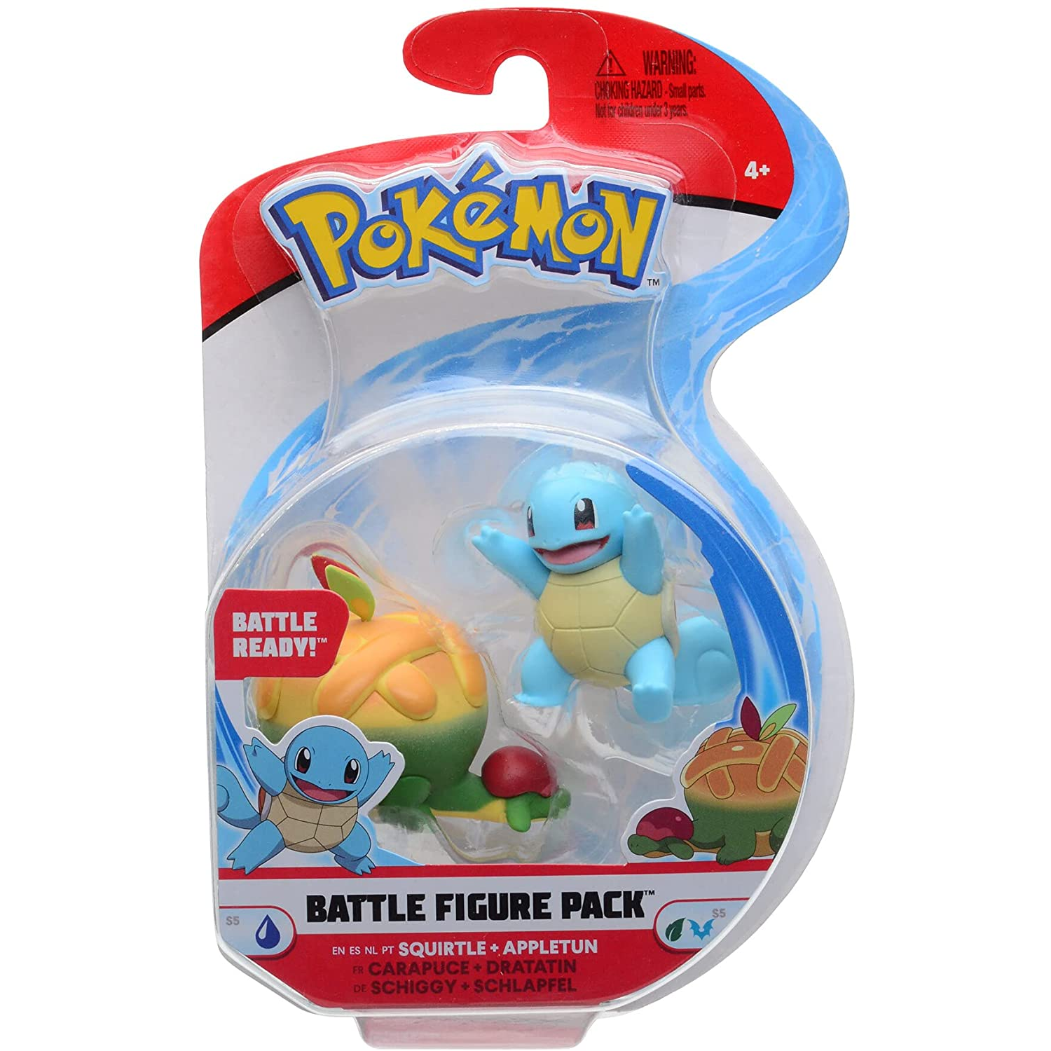 Figuras de Pokémon en paquete. Presenta Squirtle, Appletun y Carapuce.