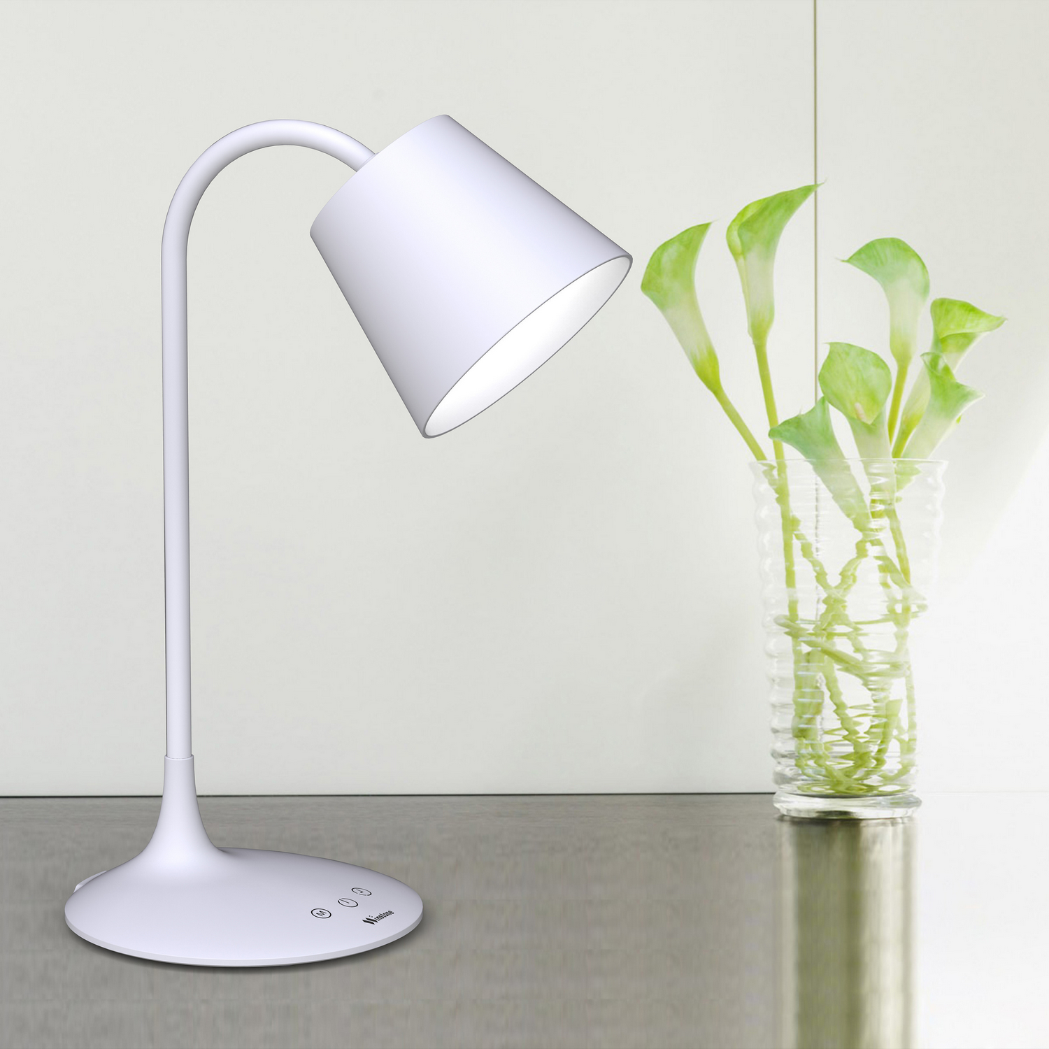 Lámpara de escritorio blanca con cuello curvo. Plantas verdes en jarrón de vidrio.