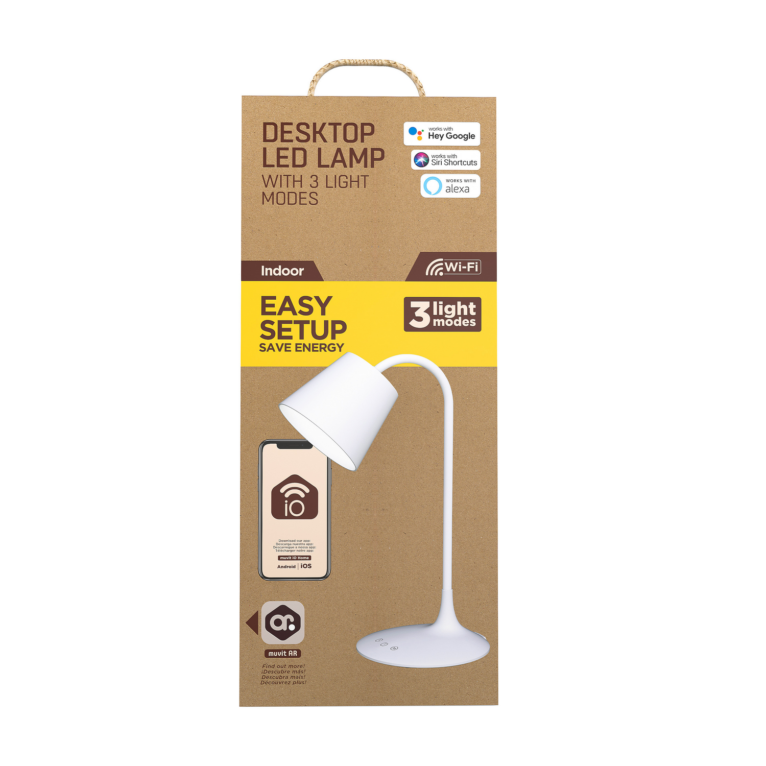 Lámpara de escritorio blanca con texto 'Easy Setup' y '3 modos de luz' sobre fondo marrón.