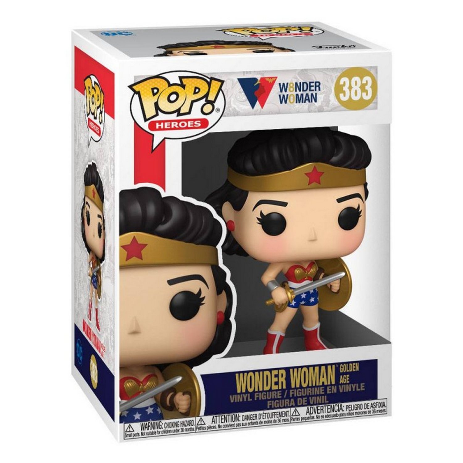Una figura de Wonder Woman Funko Pop en una caja de exhibición, con fondo blanco.