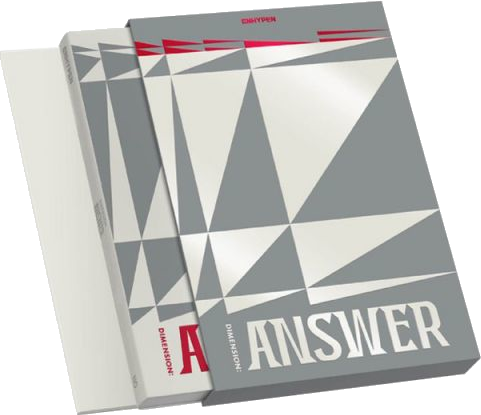 Három szürke album az 'ANSWER' szóval a borítón, fehér felületen.