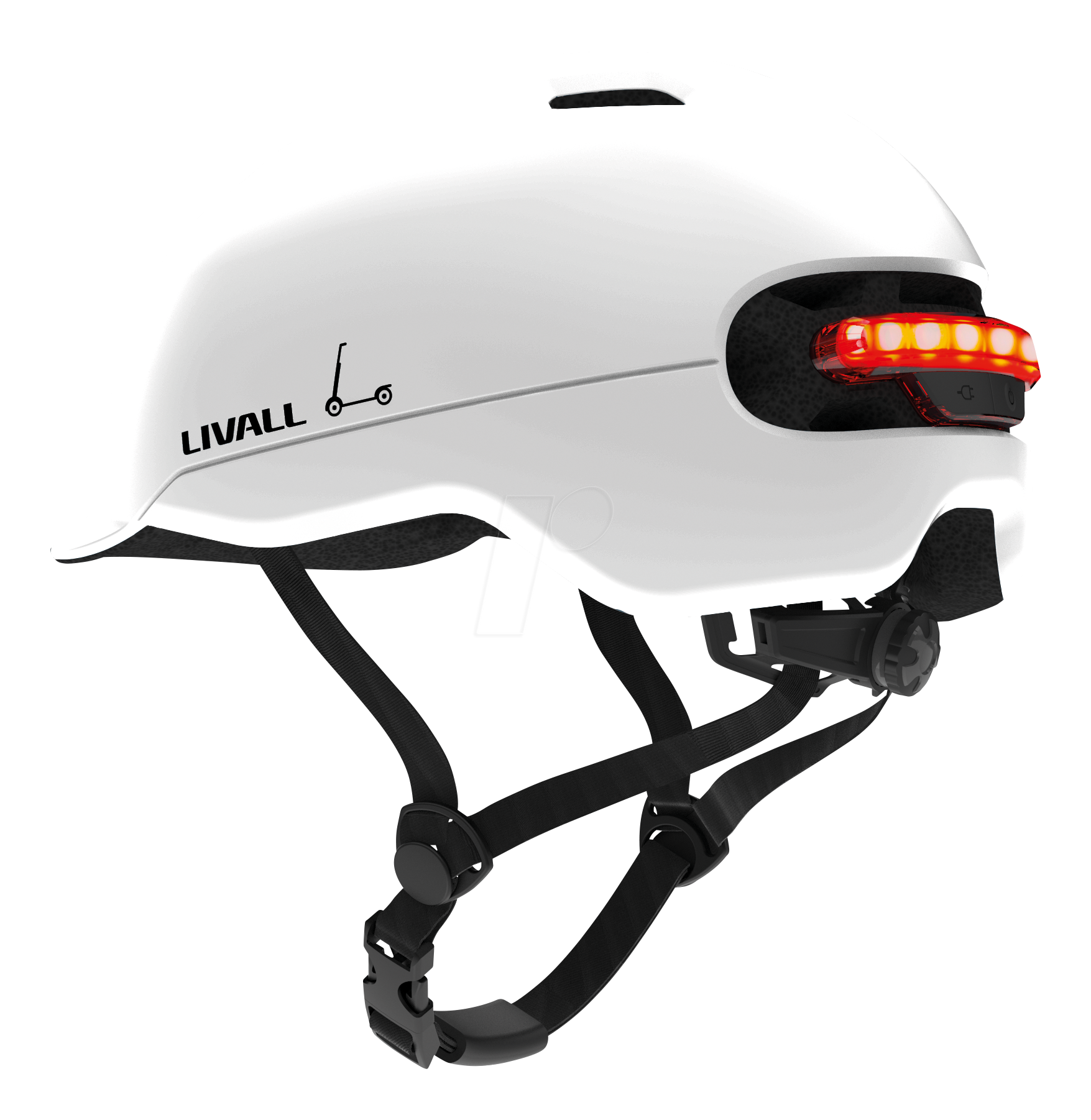 Un casco Livall bianco con luce posteriore. Il casco ha un cinturino nero e un logo scooter.