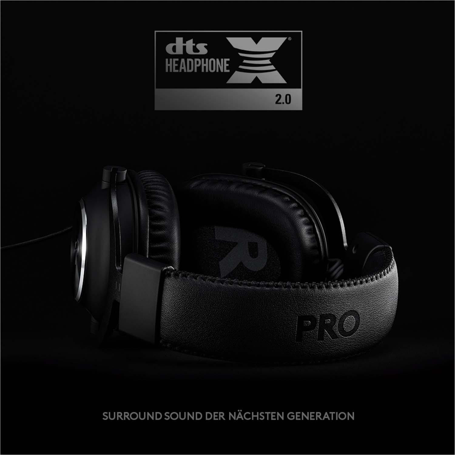 Schwarzer Kopfhörer mit 'PRO' auf dem Stirnband und dem DTS Headphone:X 2.0 Logo.