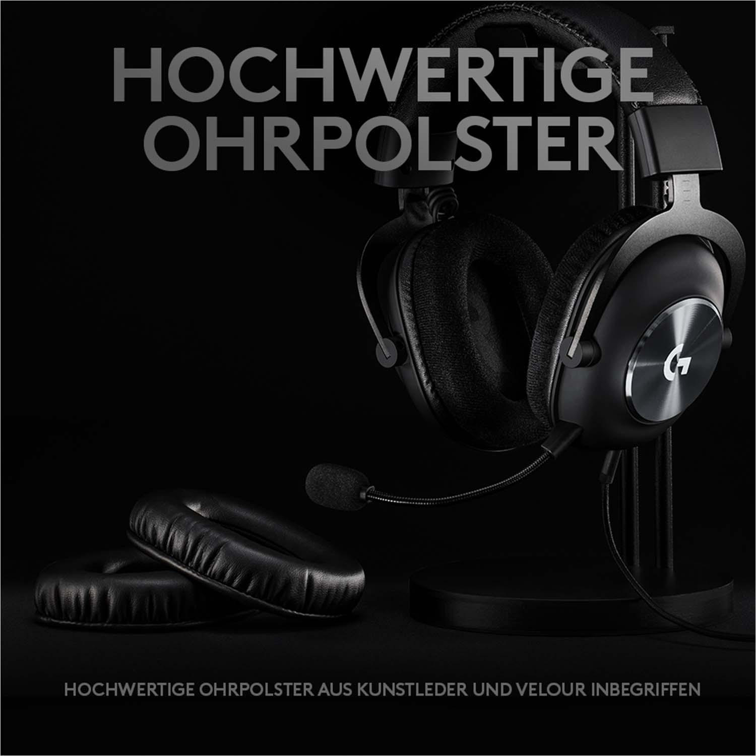 Schwarze Kopfhörer mit Ohrpolstern und Mikrofon, vor schwarzem Hintergrund mit Text dargestellt.