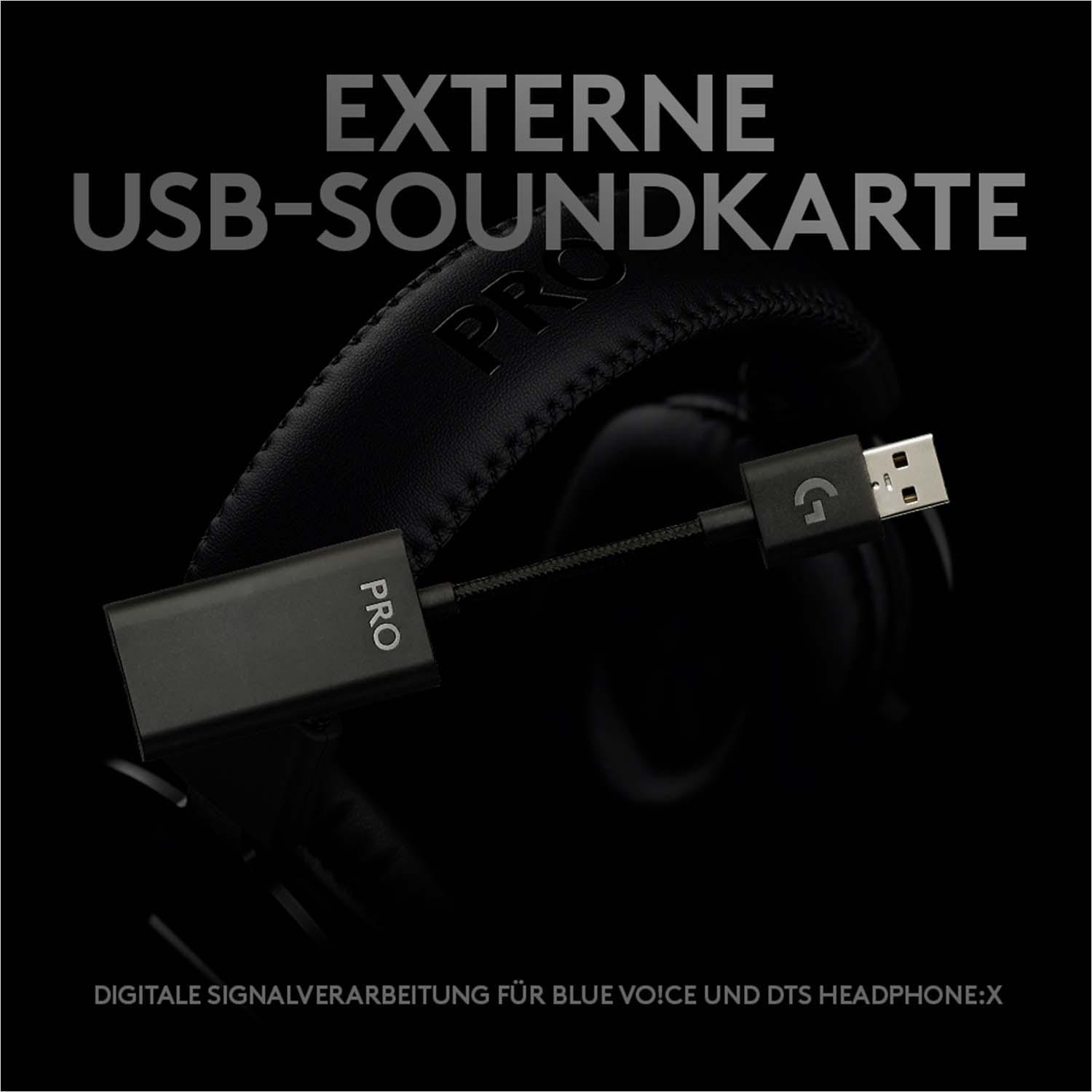 Schwarze USB-Soundkarte mit Kopfhörern, PRO-Etikett. Der Hintergrund ist dunkel.