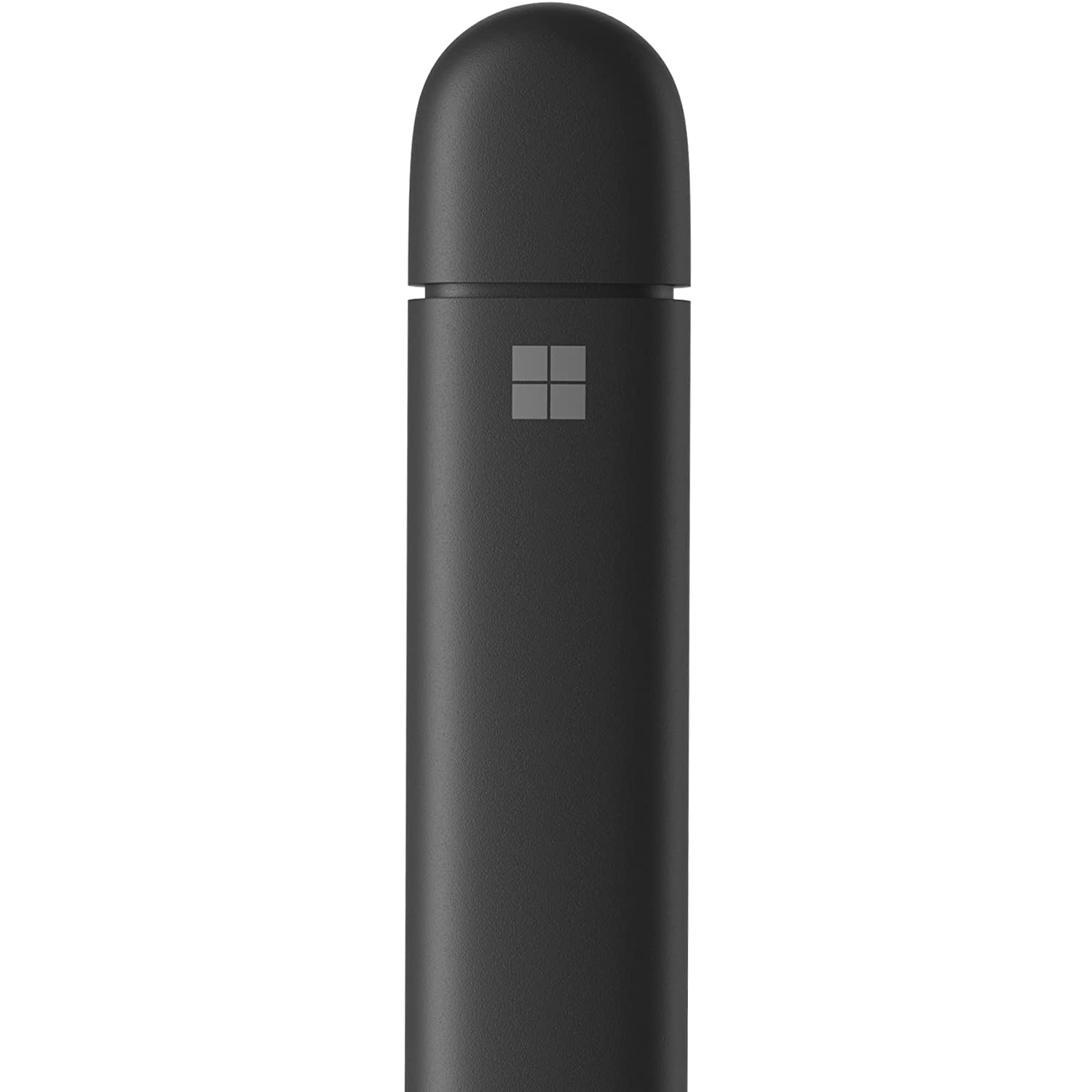 Lápiz óptico negro, forma cilíndrica con parte superior redondeada. Logo de Microsoft cuadrado.
