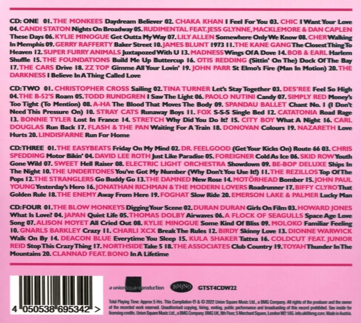 Vinyle avec listes de titres, noms d'artistes et logo Rhino Records en bas. Fond noir.