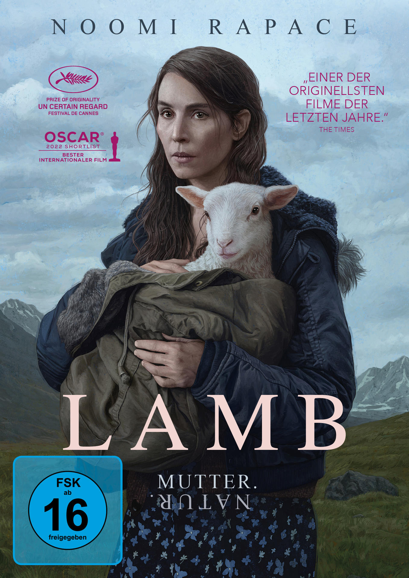 Filmposter mit einer Frau, die ein Lamm hält. Der Text enthält den Filmtitel 'LAMB' und Noomi Rapaces Namen.