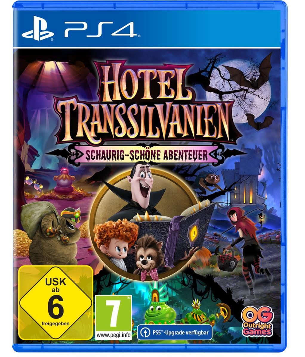Hotel Transsilvanien PS4-Spiel-Cover. Zeichentrickfiguren, Fledermäuse und ein Schloss sind zu sehen. Dunkles, gruseliges Thema.