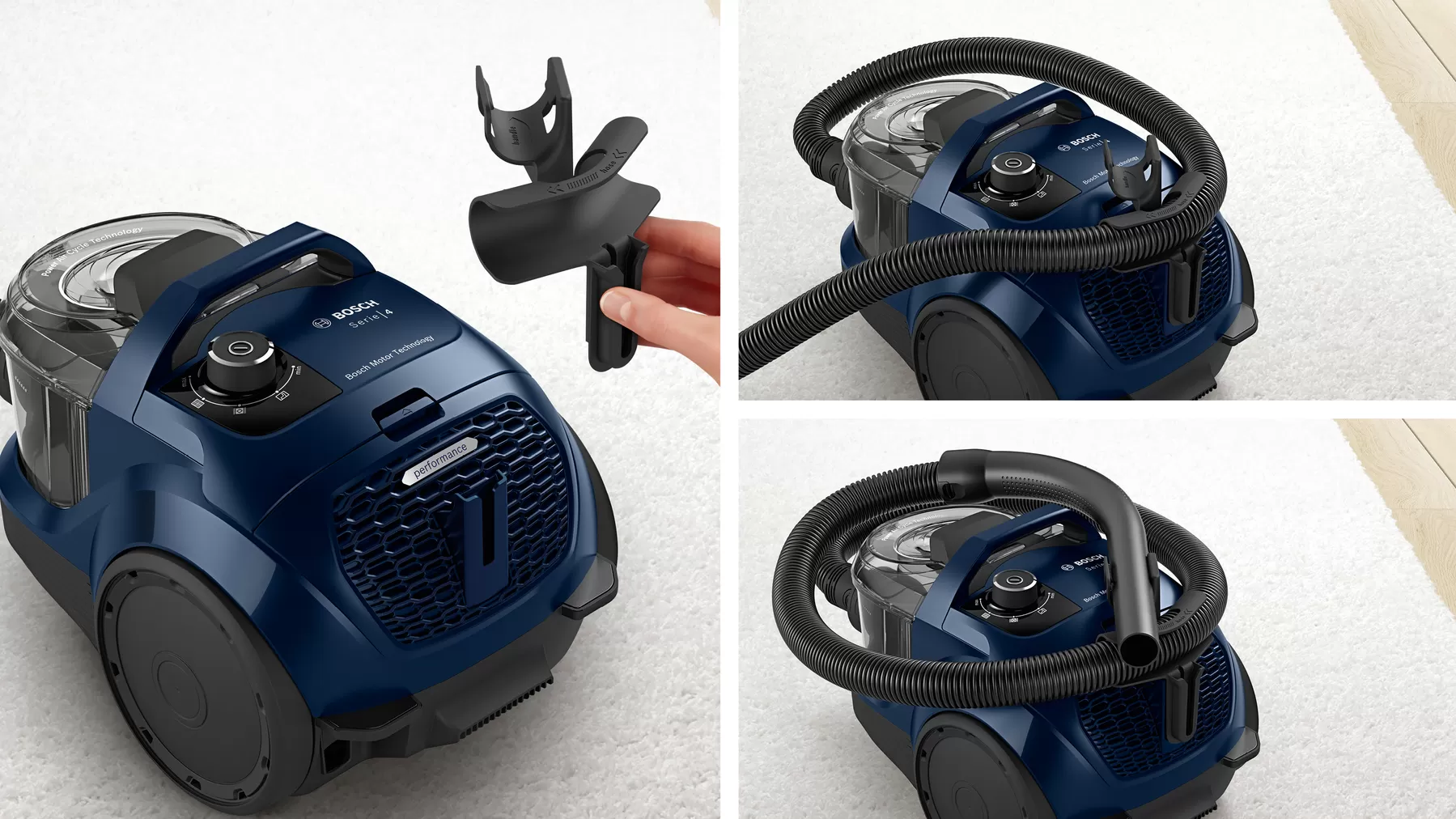 A vacuum cleaner with accessories and its parts being assembled, showcasing its features on a white surface.