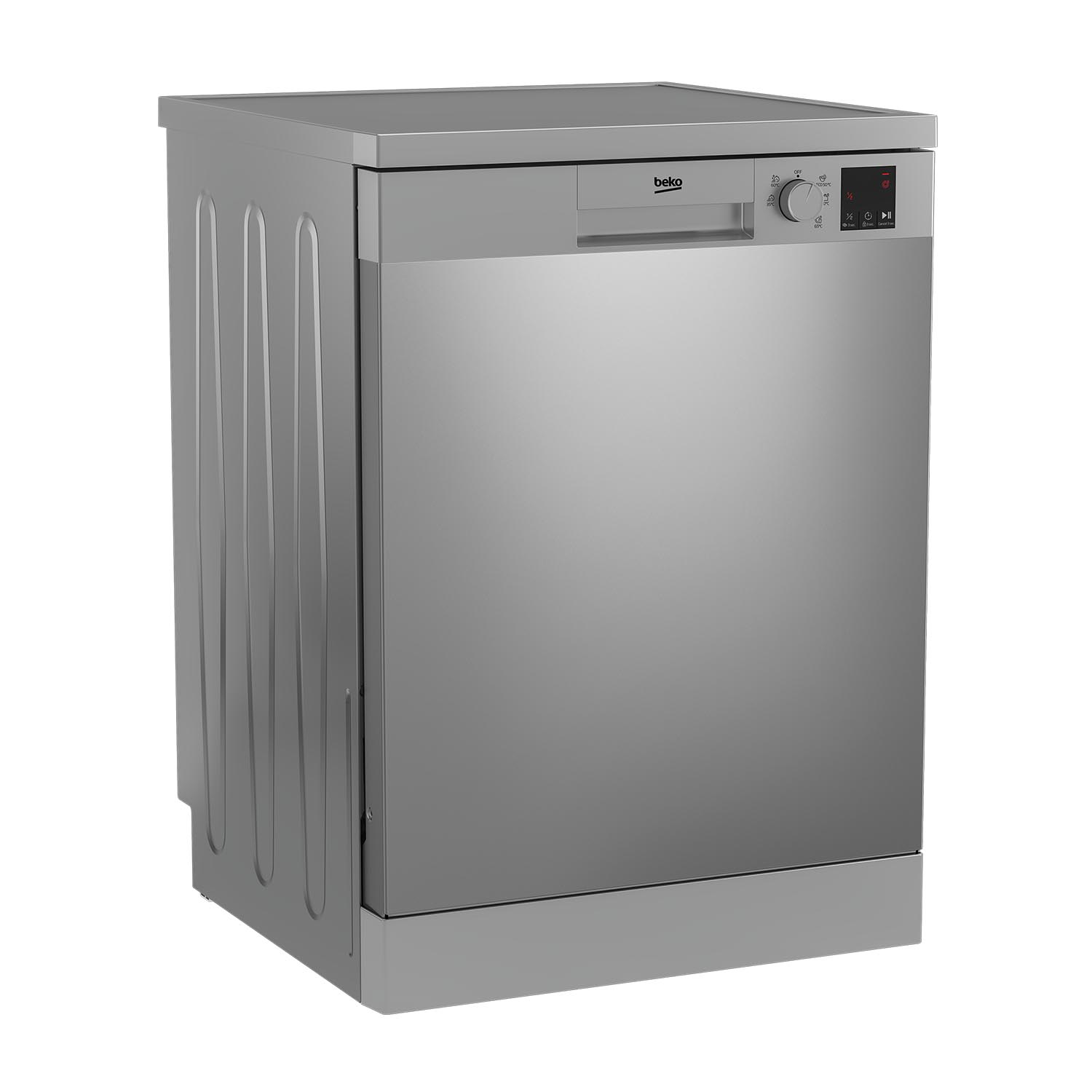Una lavastoviglie Beko argentata. Ha una maniglia, un pannello di controllo e una porta.