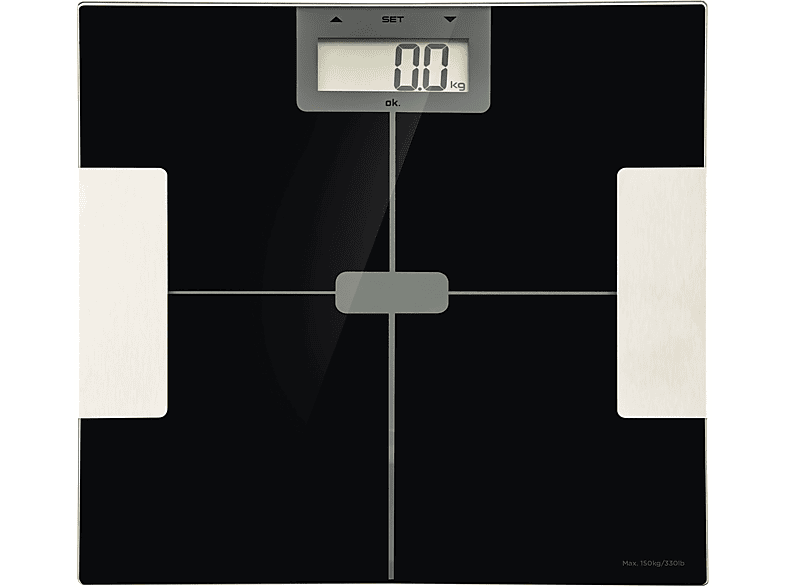 Bilancia Pesapersone ok OPS 15422 B, Display Lcd, Capacità Max 150 Kg, Analizza 6 dati Composizione Corporea, Piattaforma in vetro Bilancia