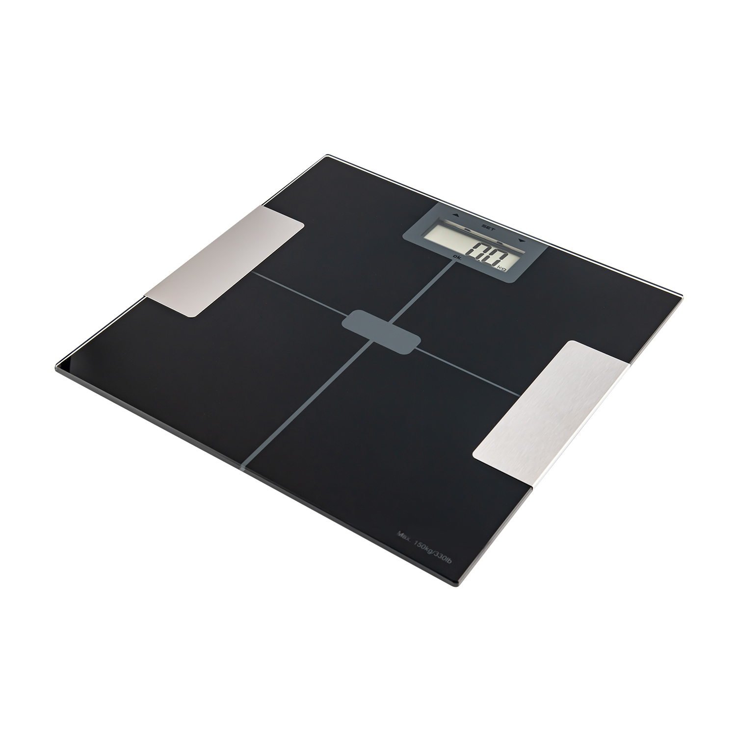 Bilancia digitale nera e argento, con display. La superficie è riflettente.