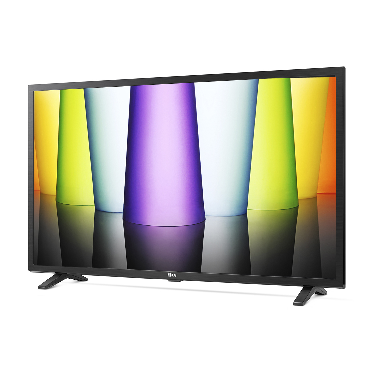 TV LG nero con sfondo colorato. Lo sfondo è un insieme di linee verticali colorate.