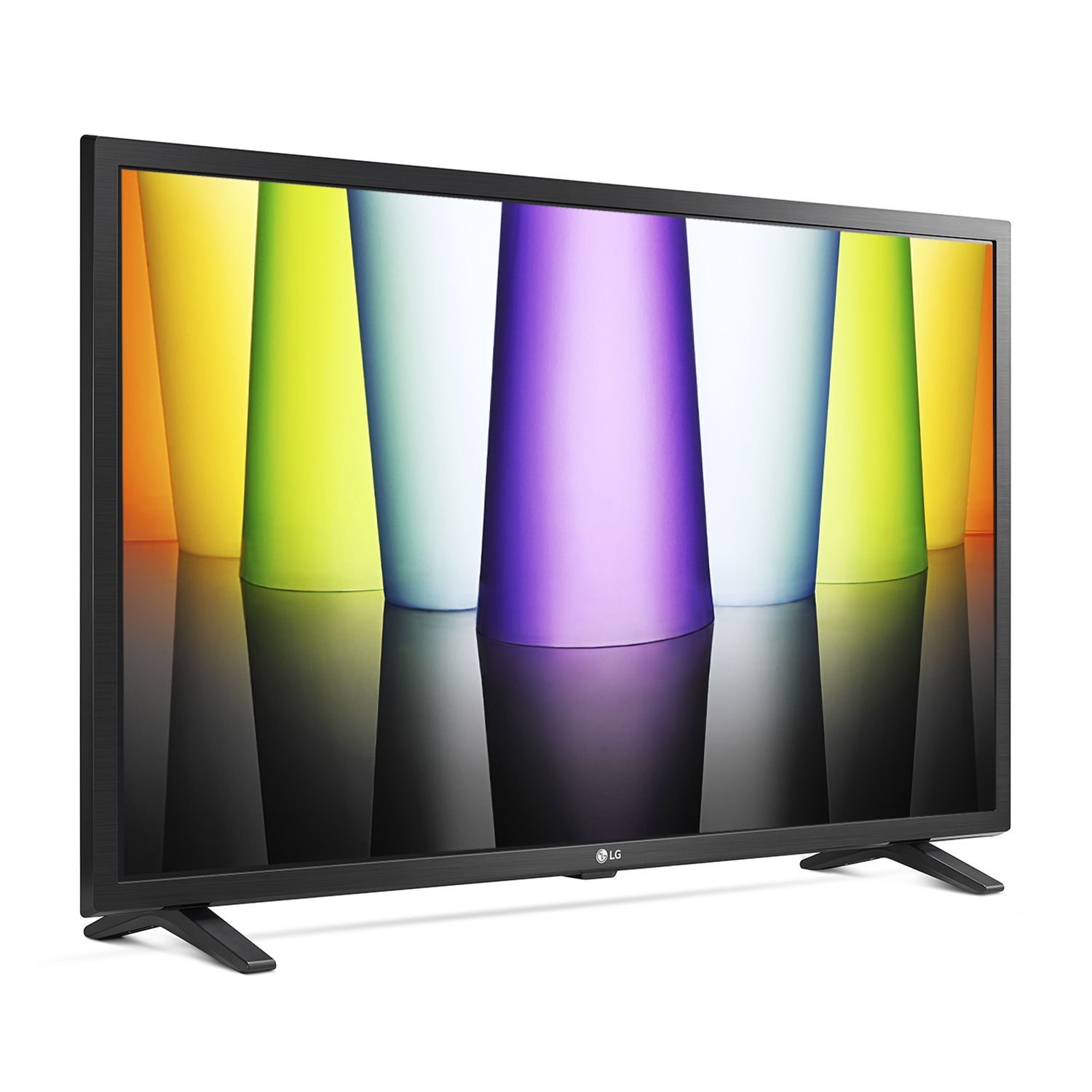 TV LG con immagine astratta colorata, con cornice e supporto neri. Lo schermo riflette l'immagine.