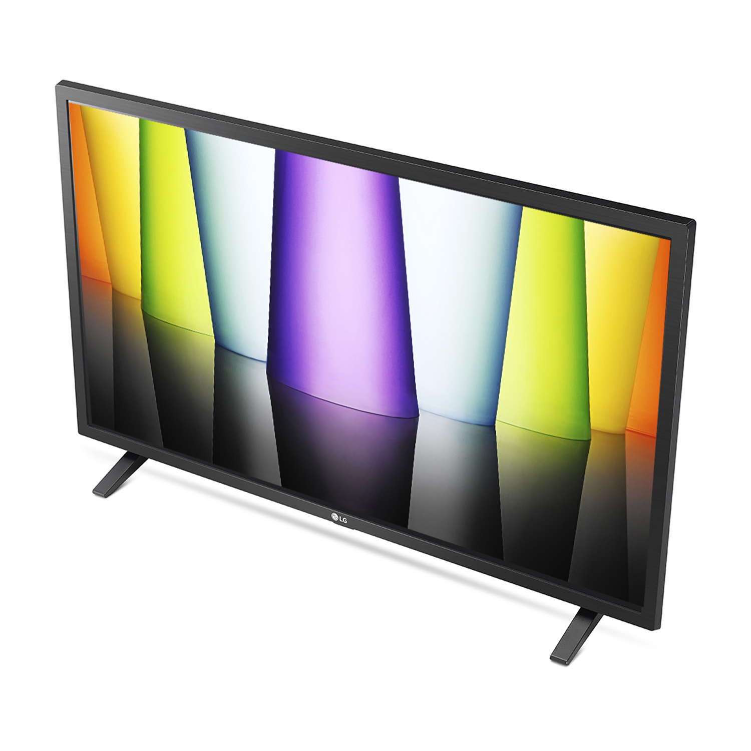 TV a schermo piatto con display colorato, su sfondo bianco.