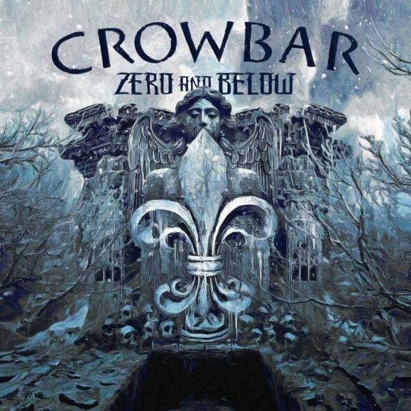 Albumhoes, Crowbar, Zero and Below. Een stenen engel en fleur-de-lis in een sneeuwscène.