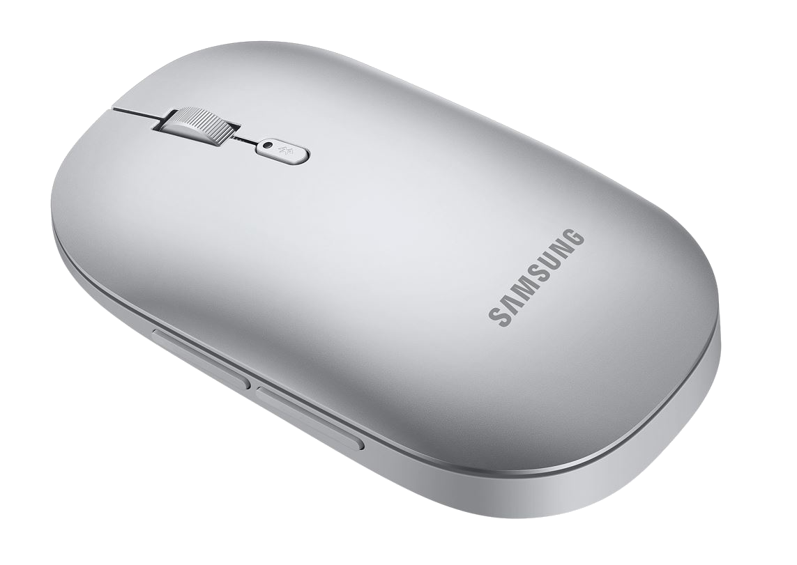 Gümüş Samsung fare. Bir kaydırma tekerleği ve iki düğmesi var.
