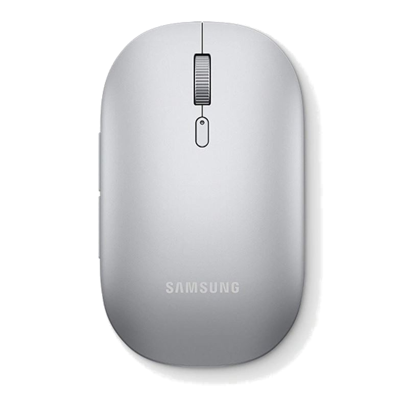 Üstünde kaydırma tekerleği ve düğme bulunan gümüş renkli fare. Altında SAMSUNG yazıyor.