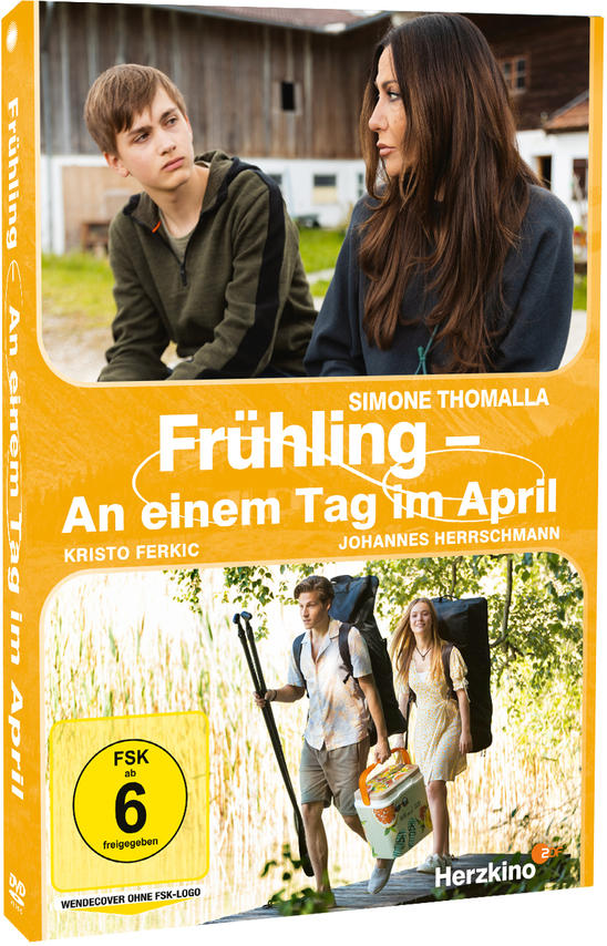 DVD-Cover: Ein Junge und eine Frau sehen besorgt aus. Text: Frühling, An einem Tag im April. Zwei Personen mit Taschen gehen im Feld.