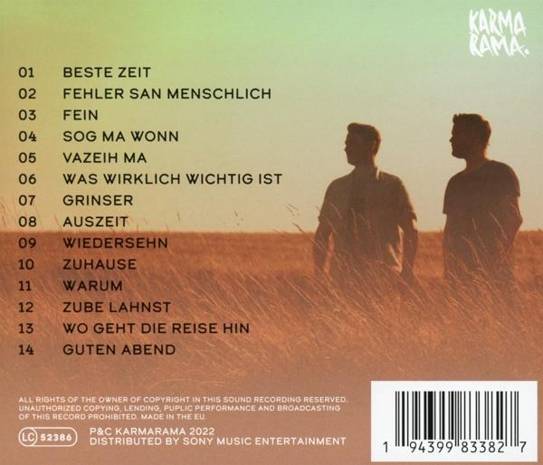 Die Rückseite einer Karma Rama Musik-CD mit Texten und Trackliste.