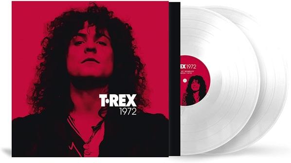 Pochette d'album T. Rex, fond rouge, disques vinyles blancs.